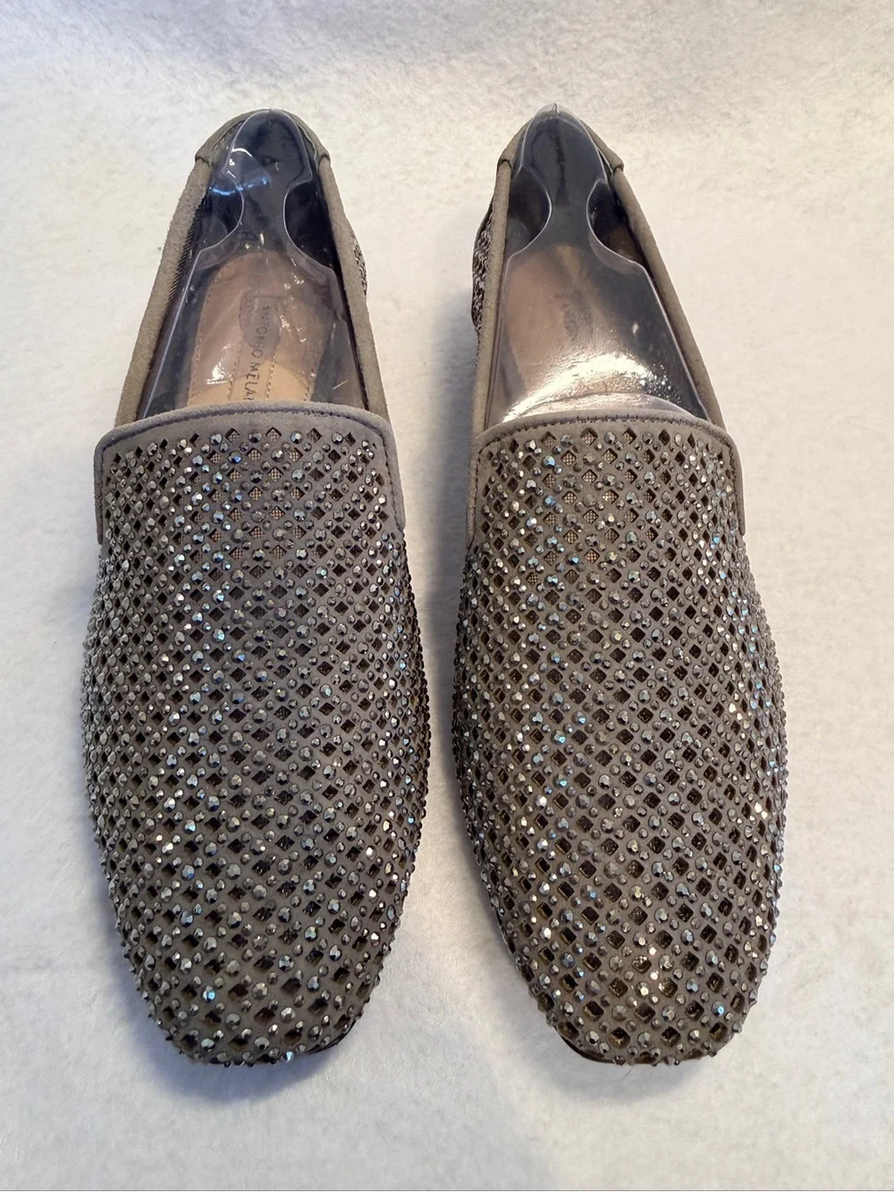 ANTONIO MELANI Mink Grey Rhinestone Slip-On Loafers